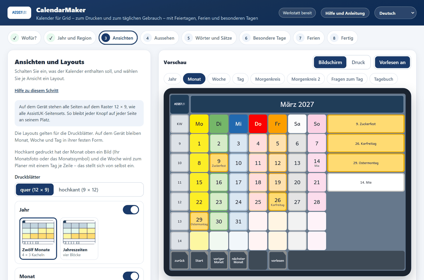 Schritt 3 mit Ansichten, Layouts, Stundenplan, Speiseplan und Noch n-mal schlafen