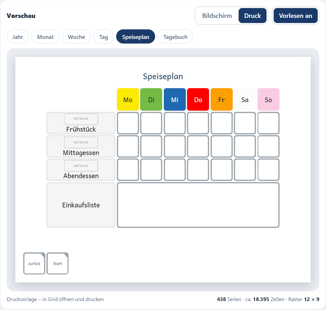 Speiseplan zum Drucken für eine Woche